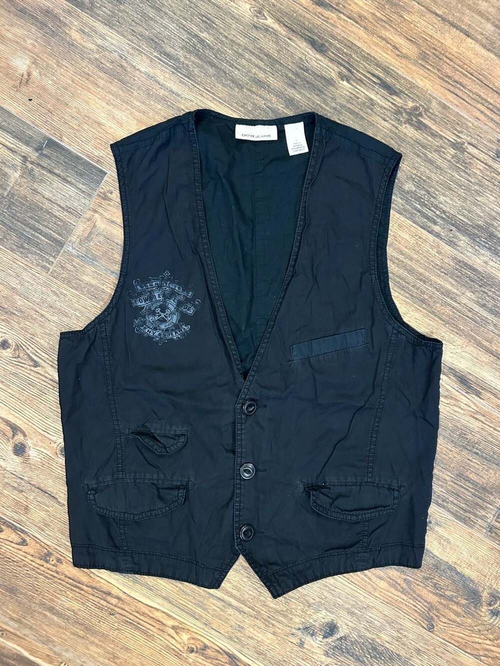DKNY Jeans Black Cotton Graphic Utility Button Vest Size M